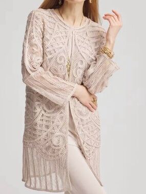 Chicos Travelers Jacket - Embroidered Lace Open Jacket - Taupe SZ 3 (US XL)